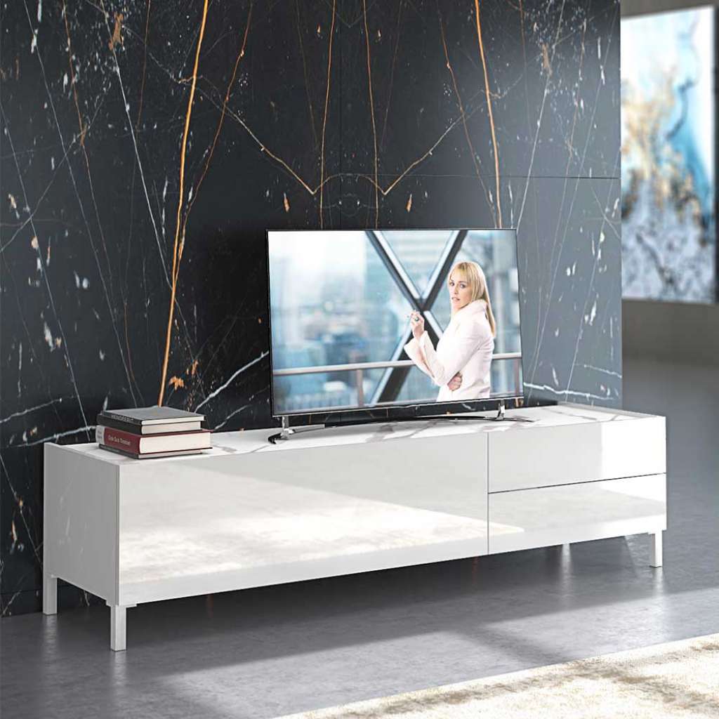 TV Unterschrank in Hochglanz Weiß und Grau zwei Schubladen