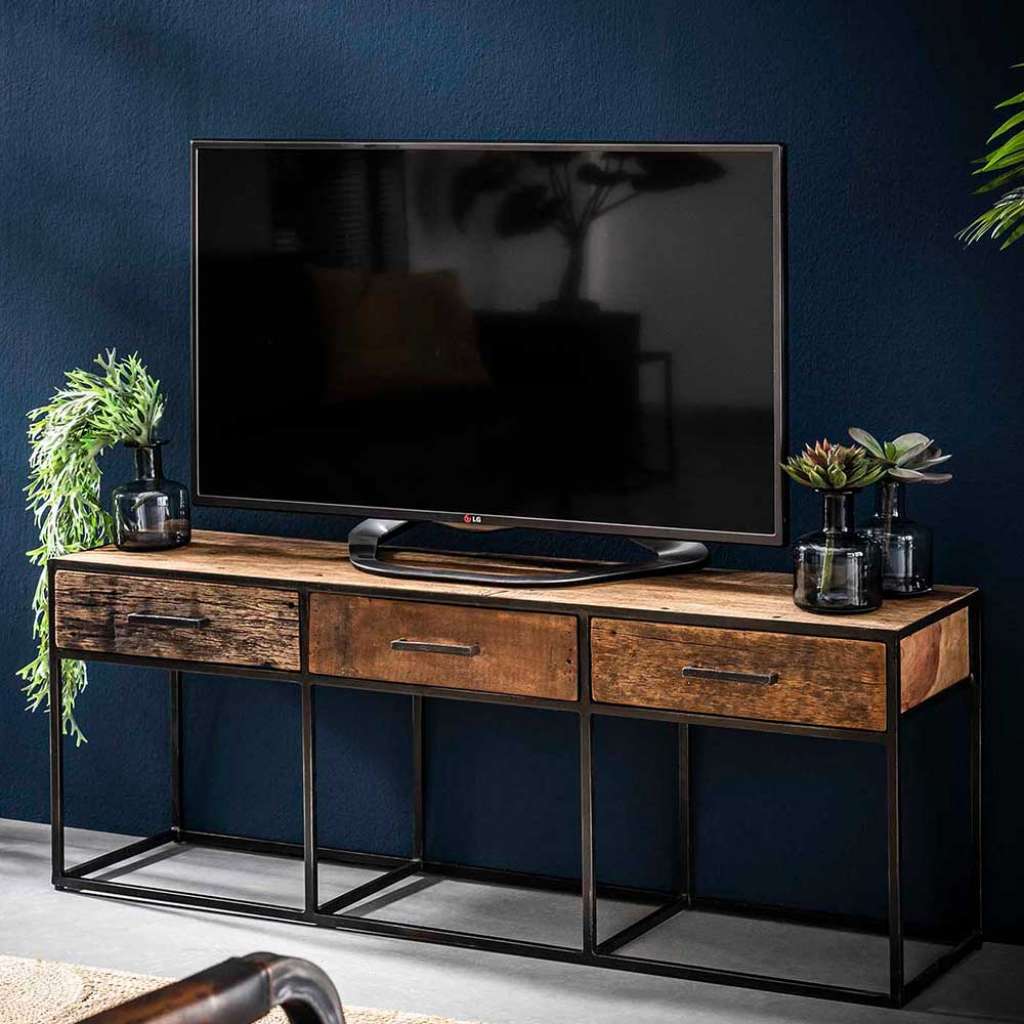 Fernseher Tisch aus Hartholz und Stahl 135 cm breit