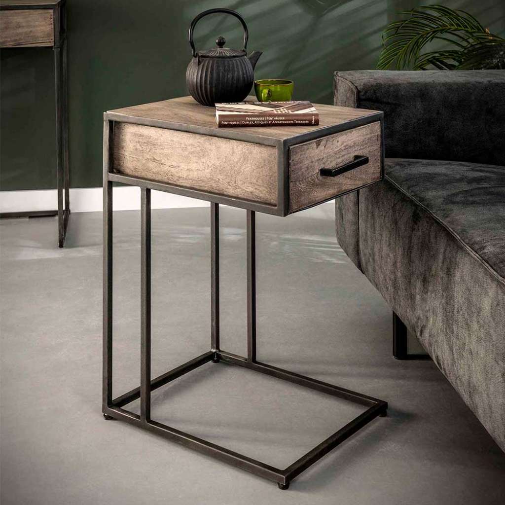 Couch Beistelltisch in Akazie Grey Wash massiv 60 cm hoch