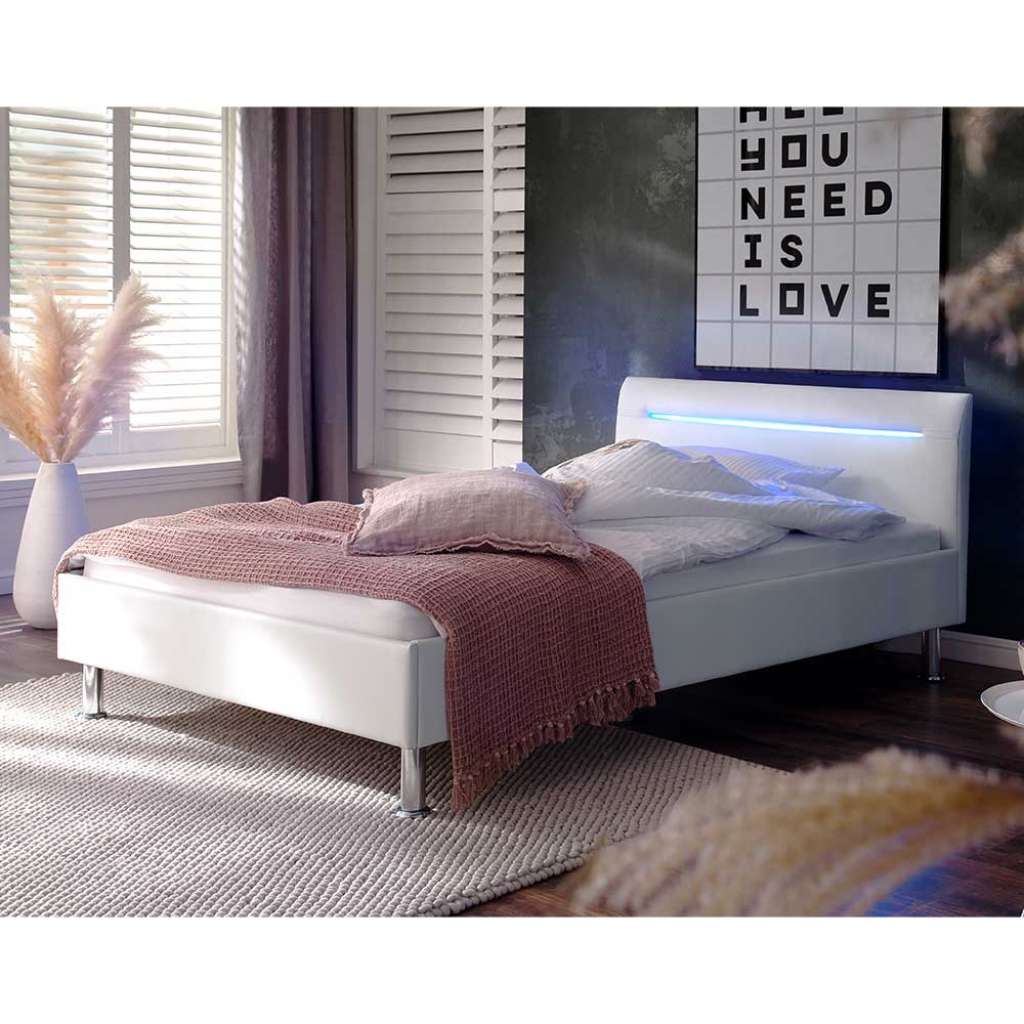 Einzelbett in Weiß Kunstleder LED Beleuchtung