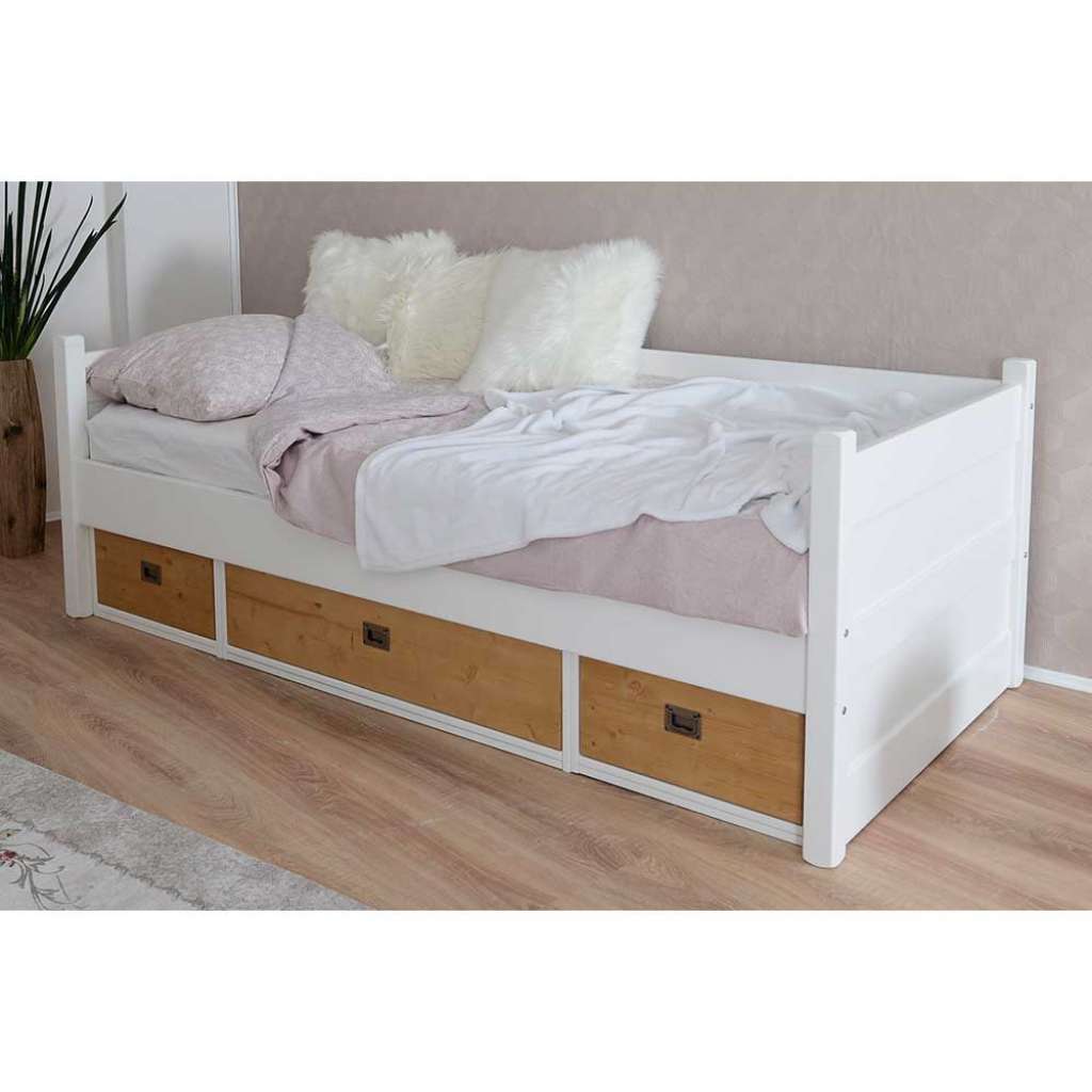 Holzbett in Weiß und Eichefarben Bettschubkasten