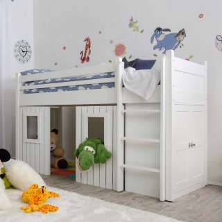 Kinder Halbhochbett in Weiß integriertem Schrank