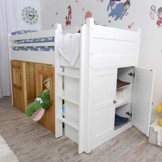 Kinderhochbett in Weiß und Eichefarben integriertem Schrank