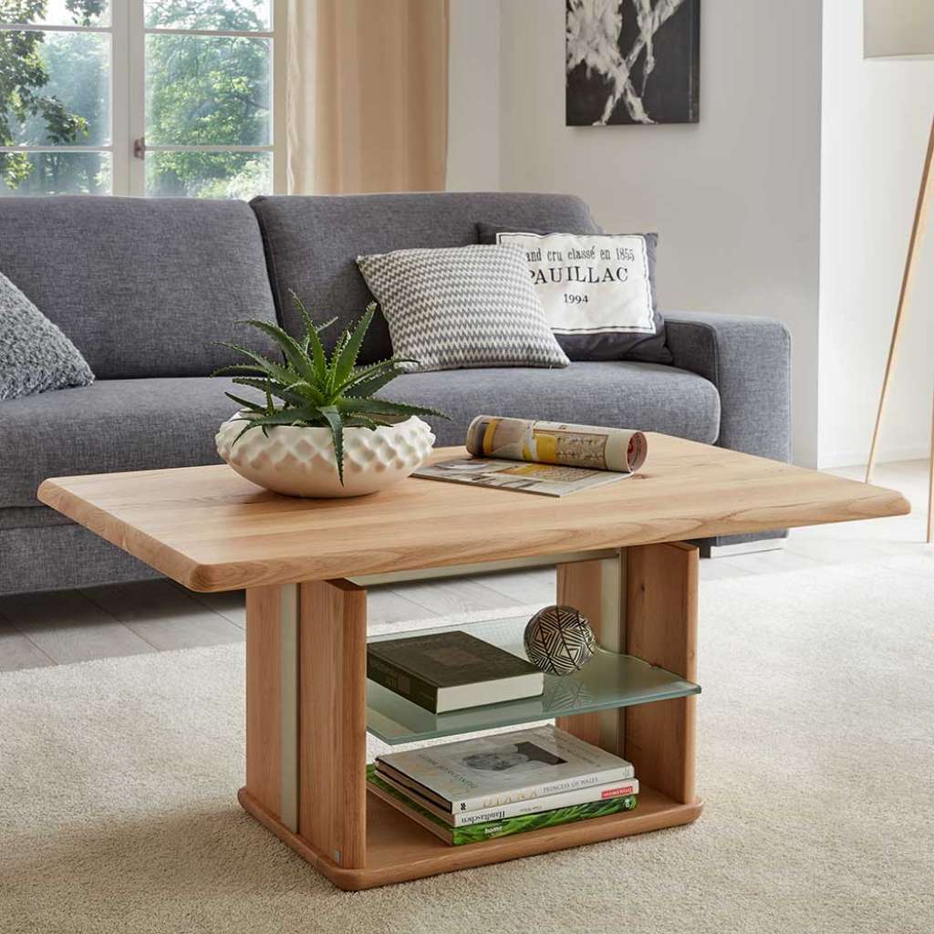 Wohnzimmer Tisch in Wildeiche Bianco massiv und Glas rollbar
