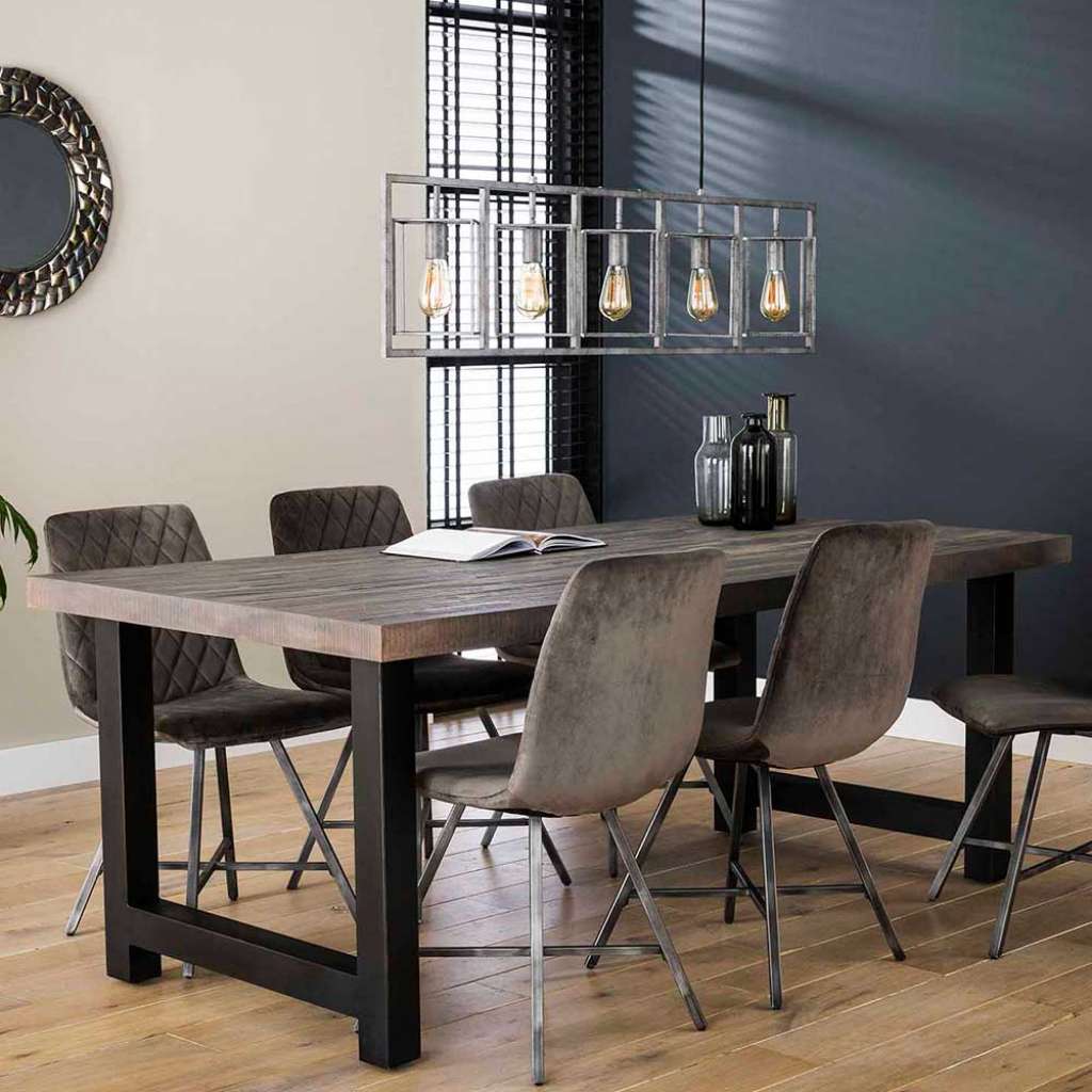 Esszimmertisch in Akazie Grey Wash massiv Vierfußgestell aus Stahl