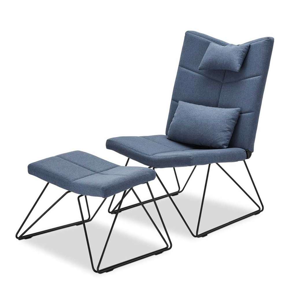 Skandi Design Sessel in Blau Webstoff Fußhocker (2-teilig)