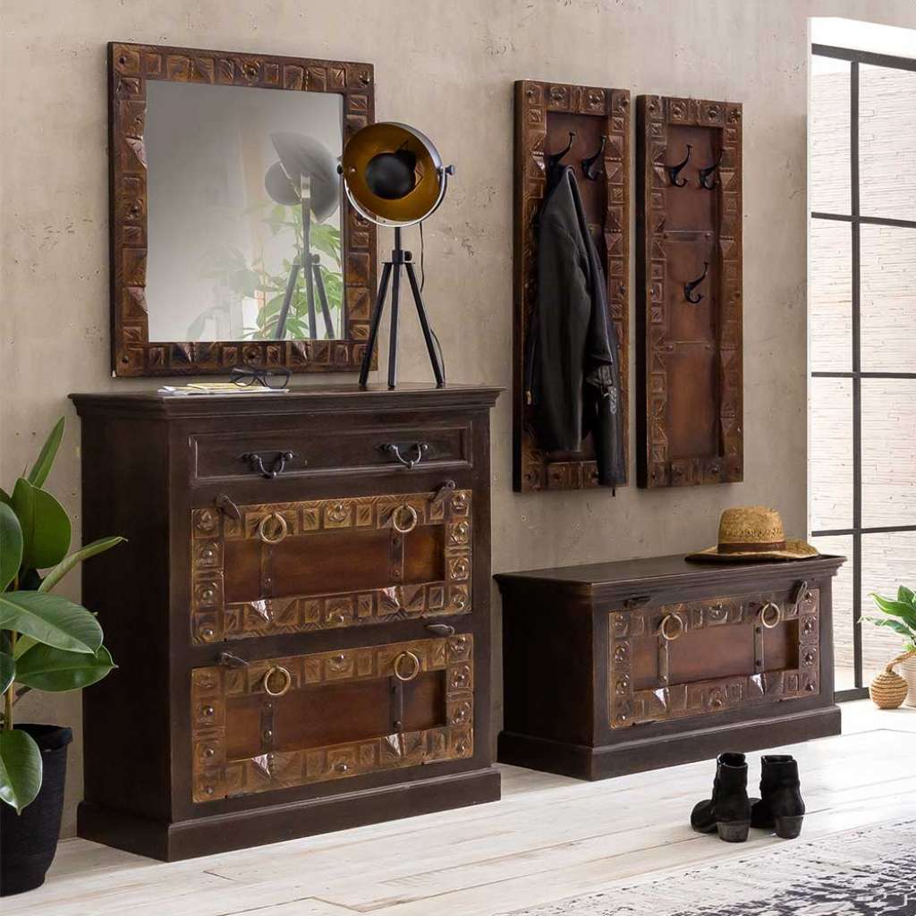 Kolonialstil Garderobe aus Teak Recyclingholz handgearbeitet (5-teilig)