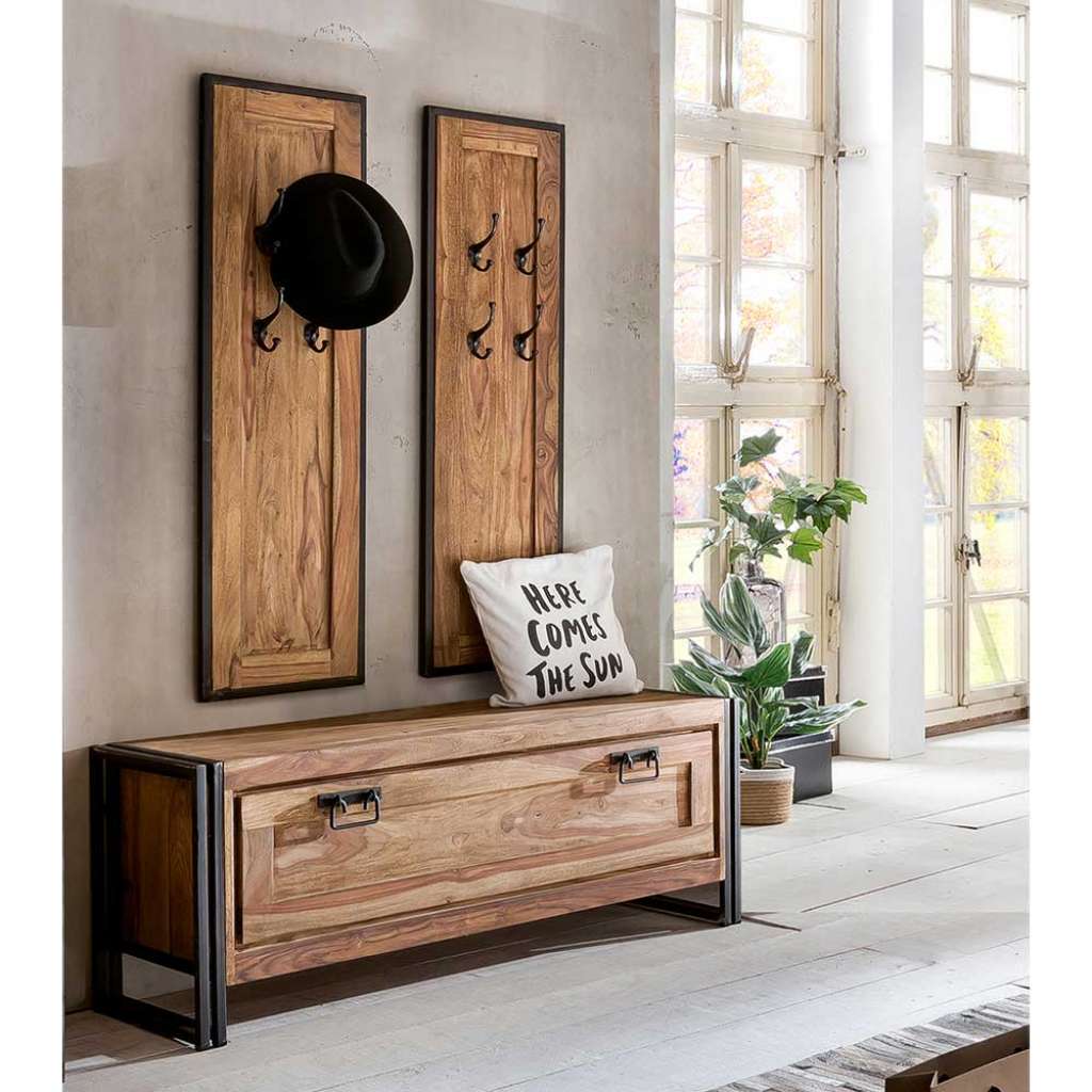 Flurgarderobe im Loft Design Akazie Massivholz und Metall (3-teilig)