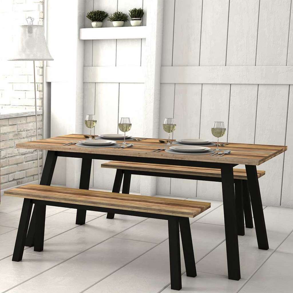 Bank Essgruppe aus Pinie Recyclingholz und Metall Loft Design (3-teilig)