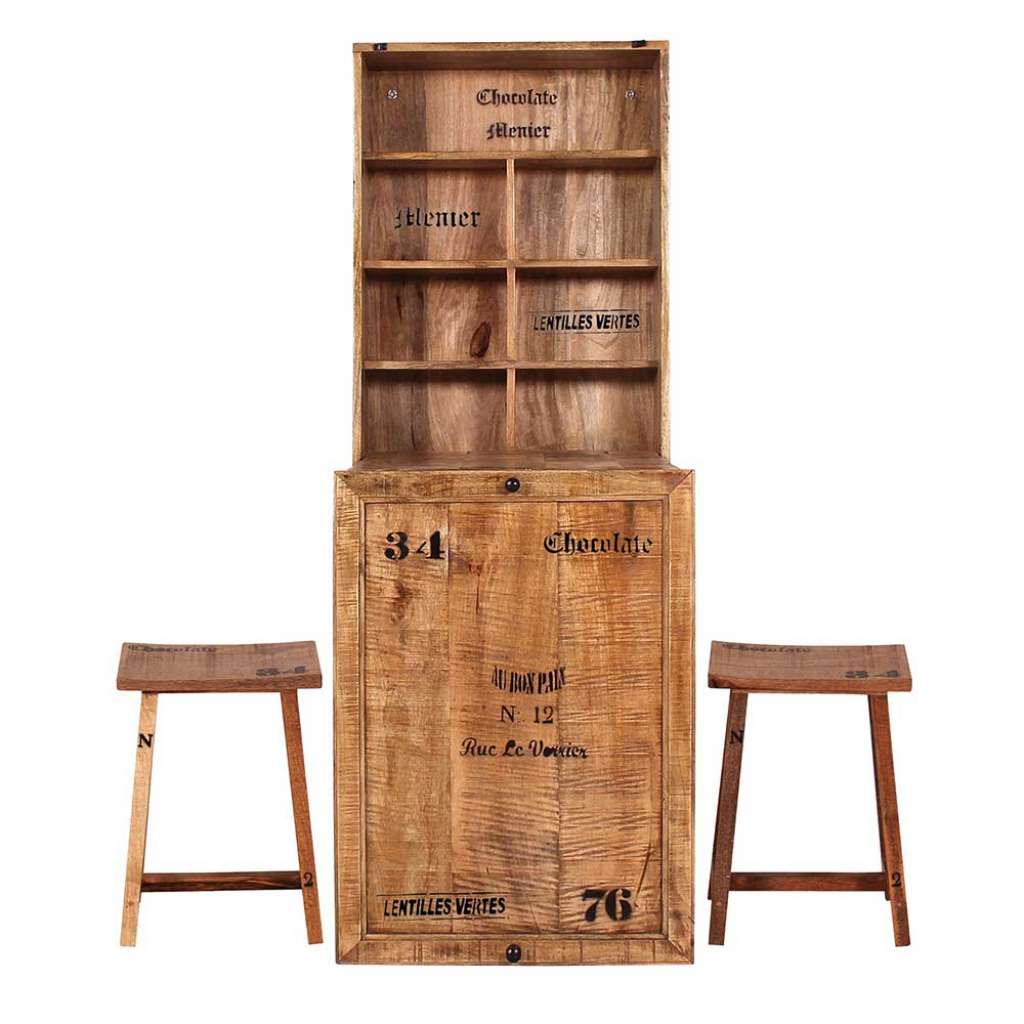Wandtisch und Hocker aus Mangobaum Recyclingholz klappbarer Tischplatte (3-teilig)