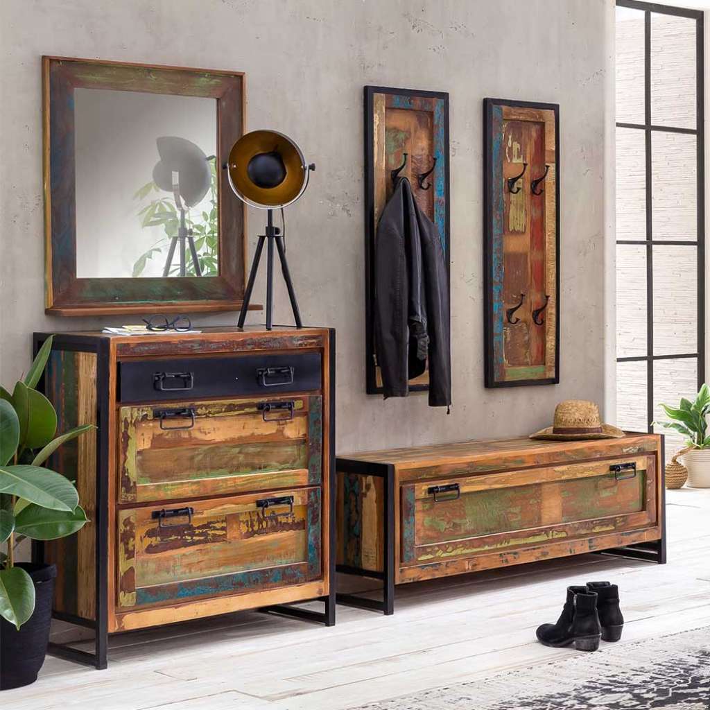 Shabby Chic Flurgarderobe in Bunt und Schwarz Recyclingholz und Metall (5-teilig)