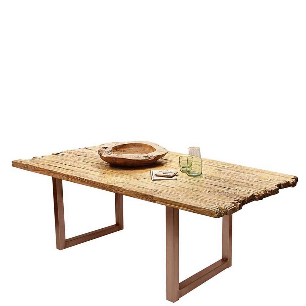 Designtisch aus Teak Recyclingholz Bügelgestell in Braun