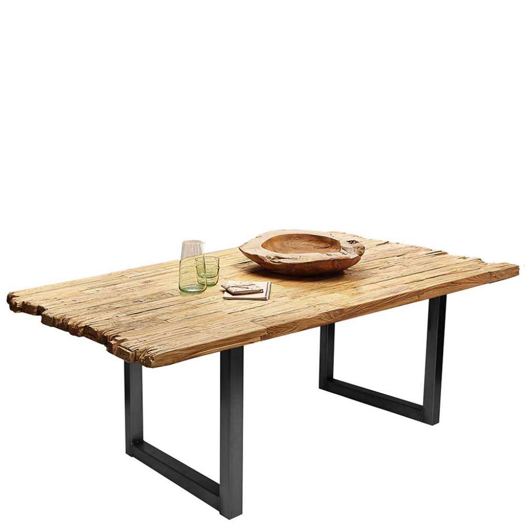 Design Esszimmertisch aus Teak Recyclingholz und Stahl 100 cm tief