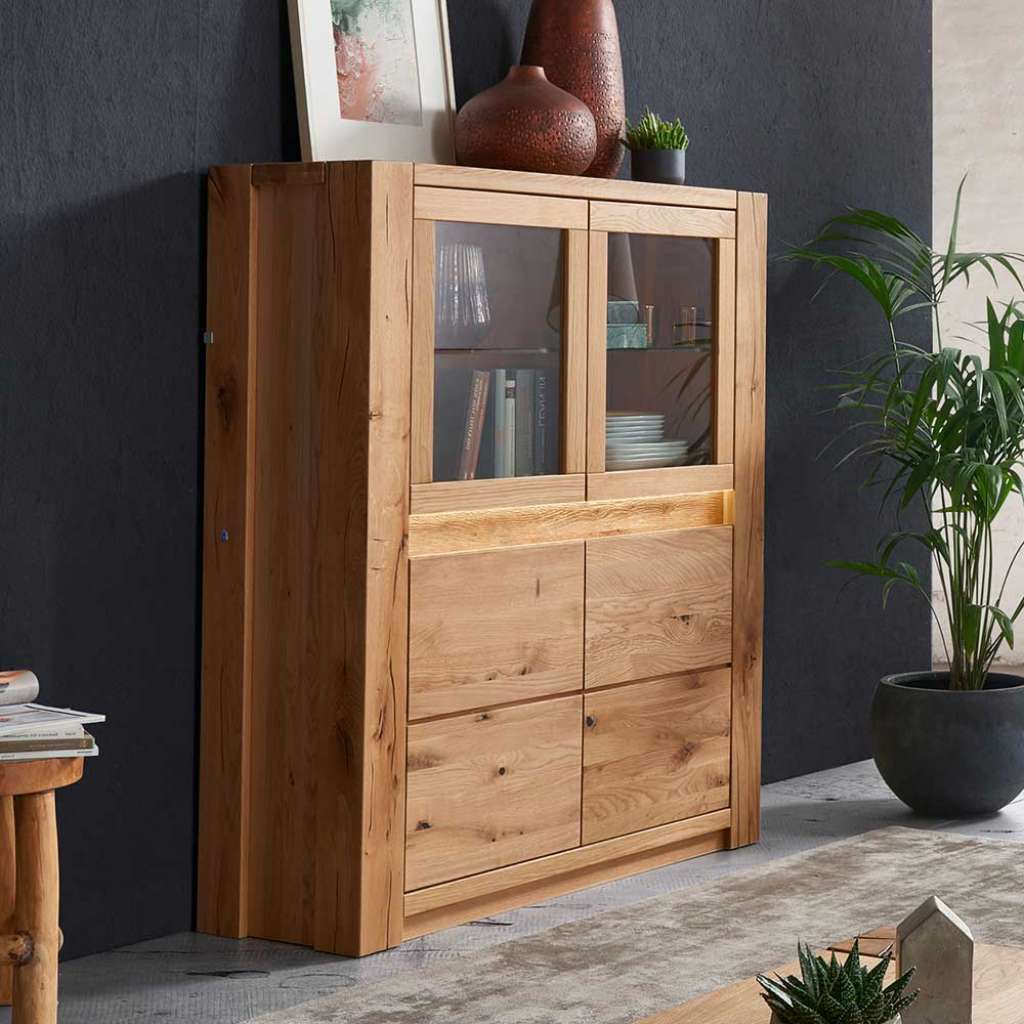 Highboard Vitrine aus Wildeiche Massivholz LED Beleuchtung