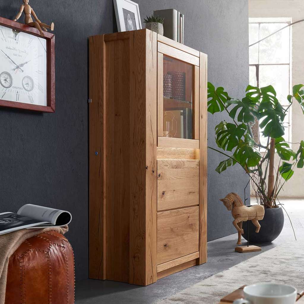 Wohnzimmer Vitrine aus Wildeiche Massivholz LED Beleuchtung