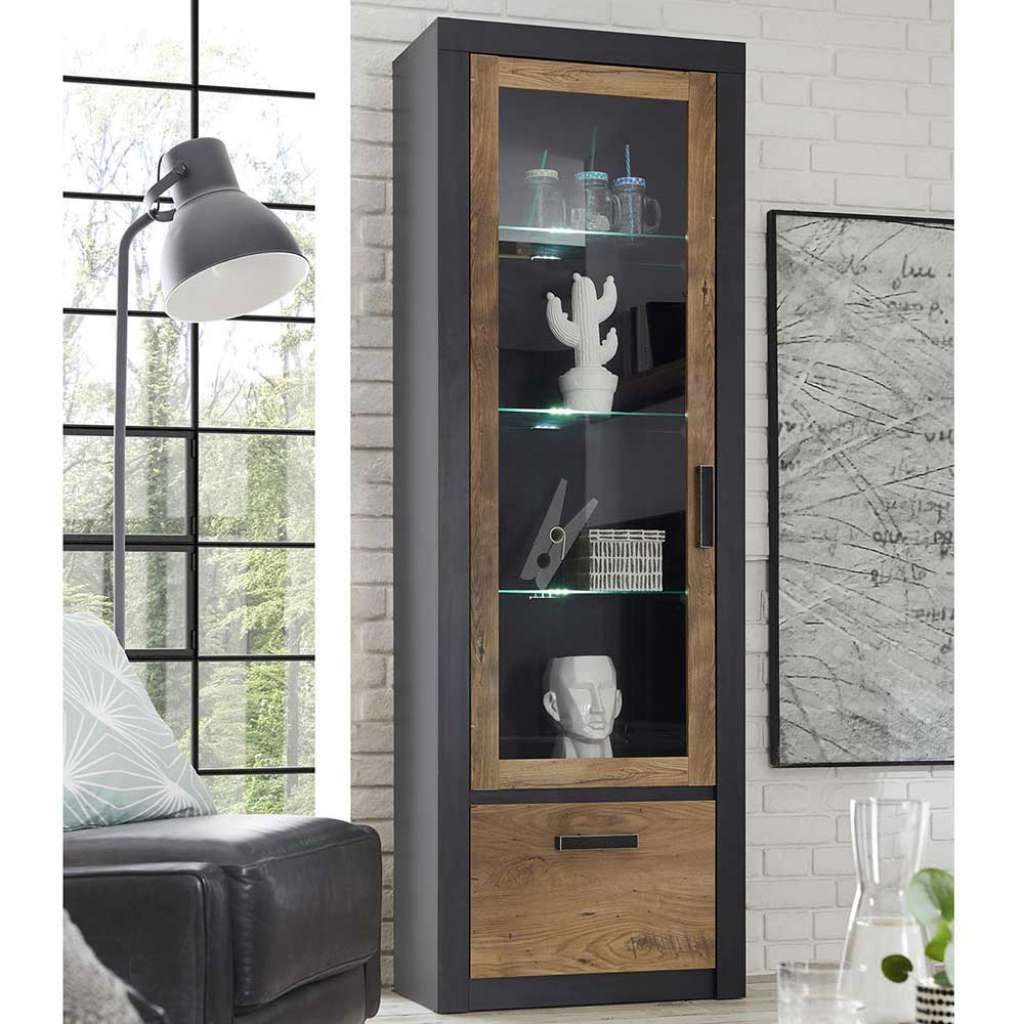 Schrank Vitrine in Schwarz und Kastanienfarben 200 cm hoch