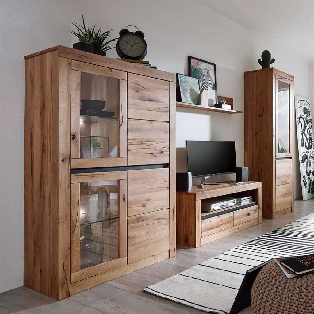 Wohnzimmer Anbauwand aus Wildeiche Massivholz Zerreiche Massivholz (4-teilig)