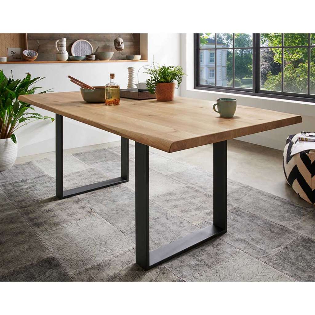 Küchentisch aus Wildeiche Massivholz und Stahl 100 cm tief