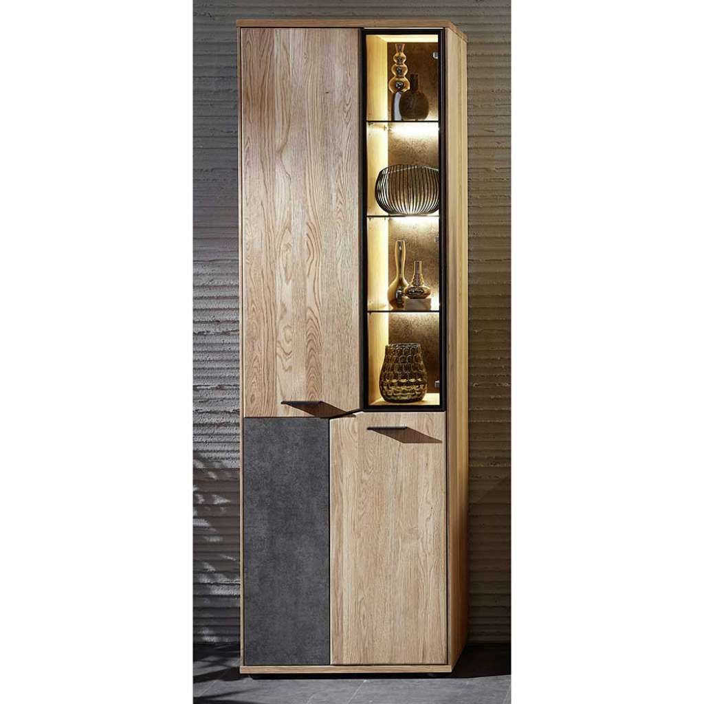 Standvitrine in Anthrazit und Wildeiche furniert 65 cm breit