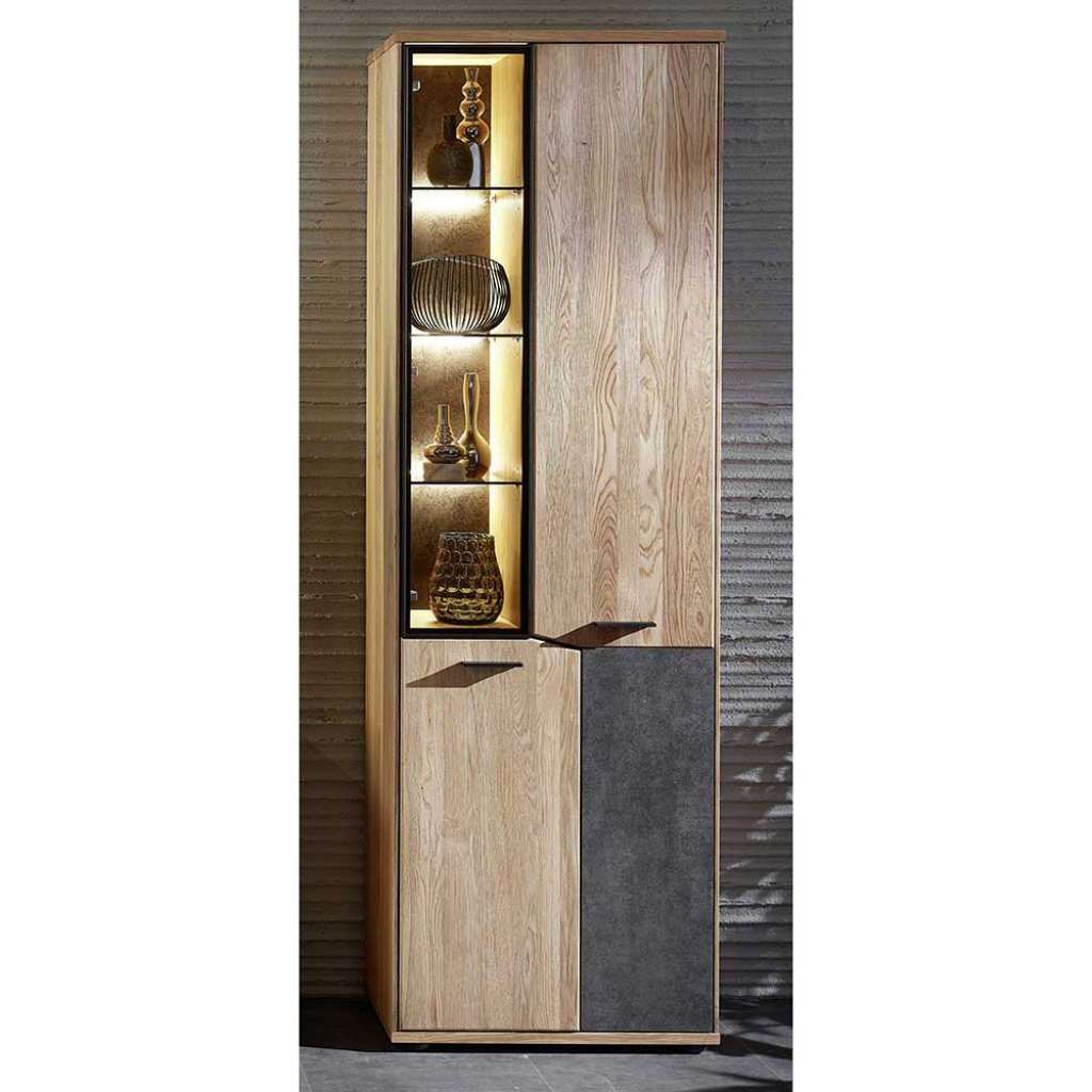 Wohnzimmervitrine in Anthrazit und Wildeiche furniert modern