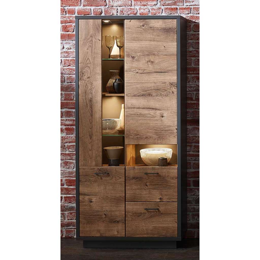Wohnzimmervitrine in Eiche dunkel und Dunkelgrau 90 cm breit