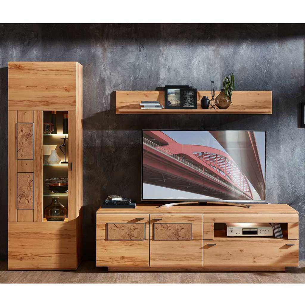Moderne Wohnwand in Kernbuche Hirnholz Optik 255 cm breit (3-teilig)
