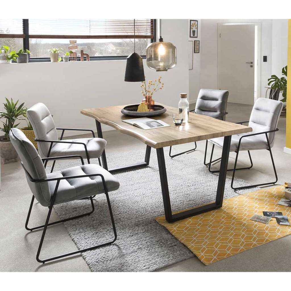 Baumkanten Essgruppe in Wildeichefarben und Grau Loft Design (5-teilig)