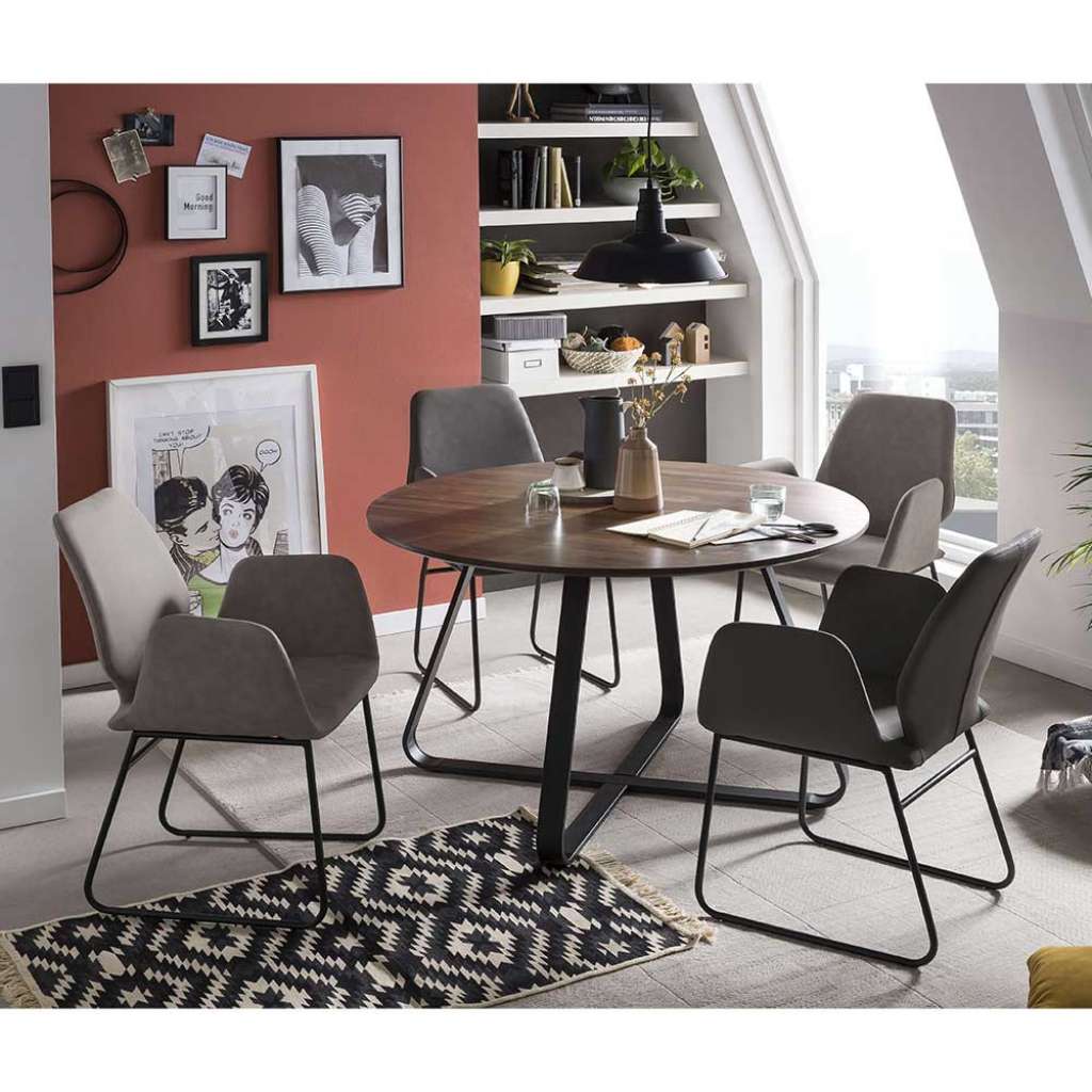 Esszimmer Sitzgruppe in Nussbaumfarben und Grau rundem Esstisch (5-teilig)
