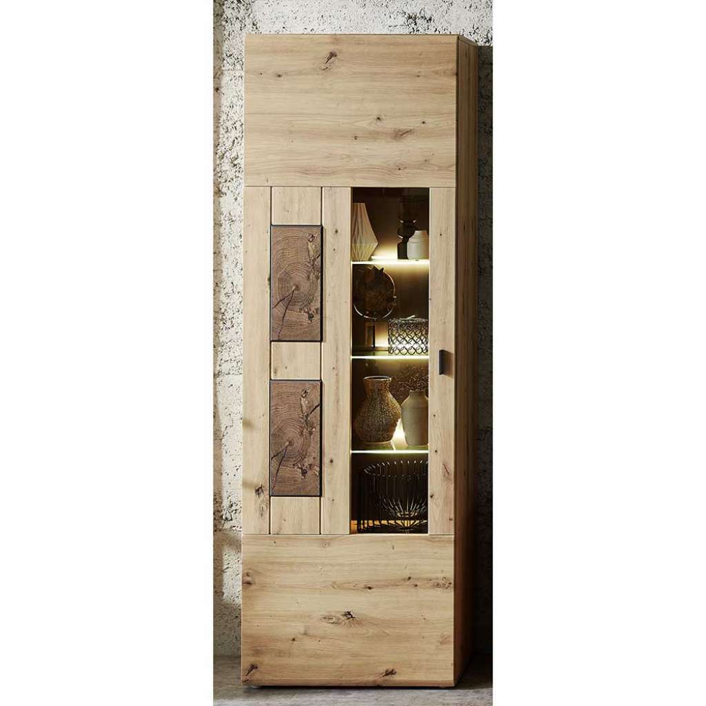 Schrank Vitrine in Wildeiche Hirnholz Optik 65 cm breit