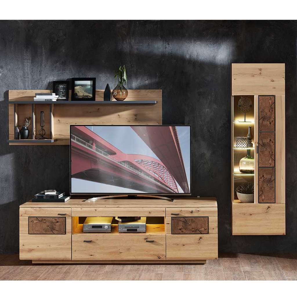 Wohnwand in Wildeiche Hirnholz Optik Dunkelgrau (3-teilig)