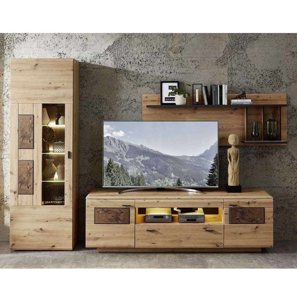 Wohnzimmer Anbauwand in Wildeiche Hirnholz Optik 255 cm breit (3-teilig)