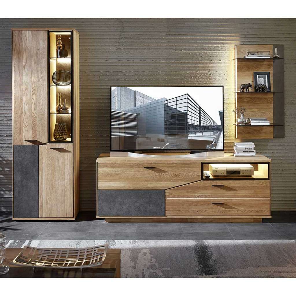 Wohnwand in Anthrazit und Wildeiche furniert 245 cm breit (3-teilig)