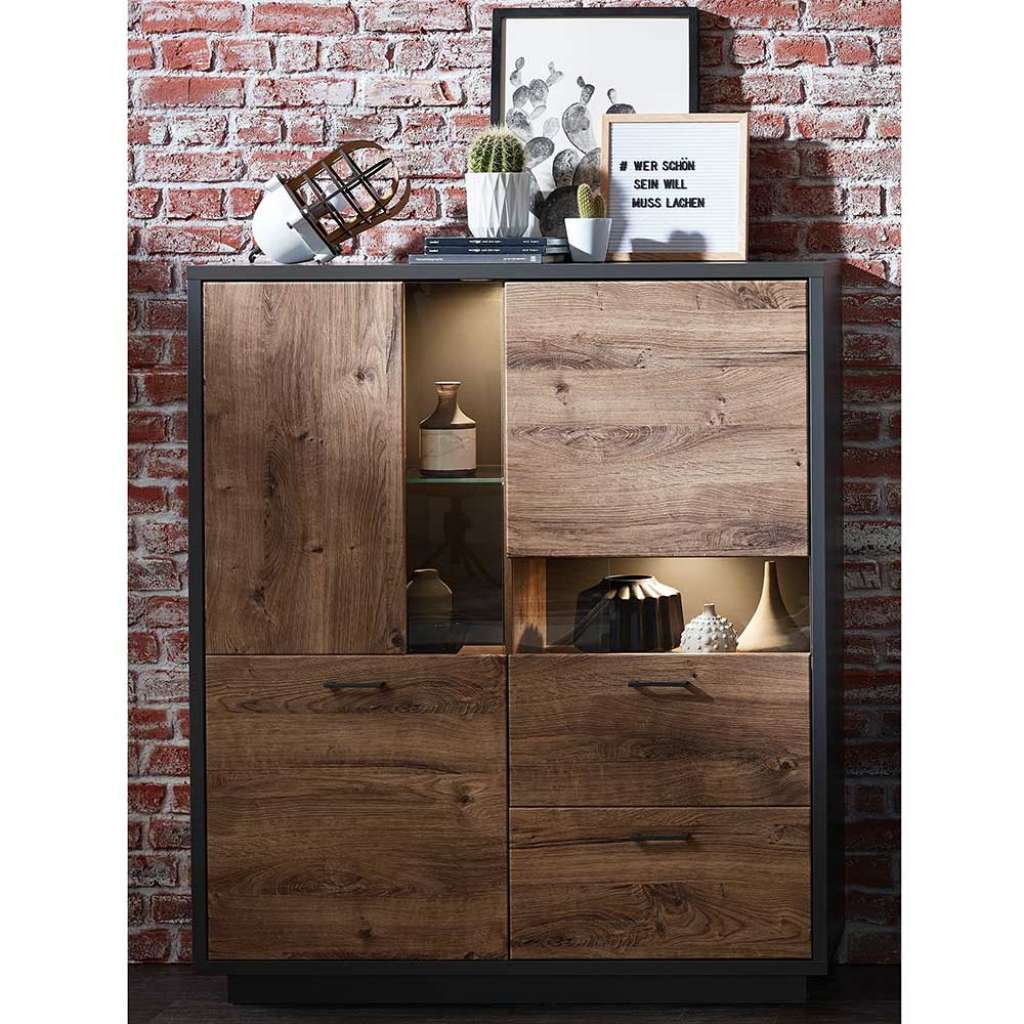 Wohnzimmerschrank in Eiche dunkel und Dunkelgrau 125 cm breit