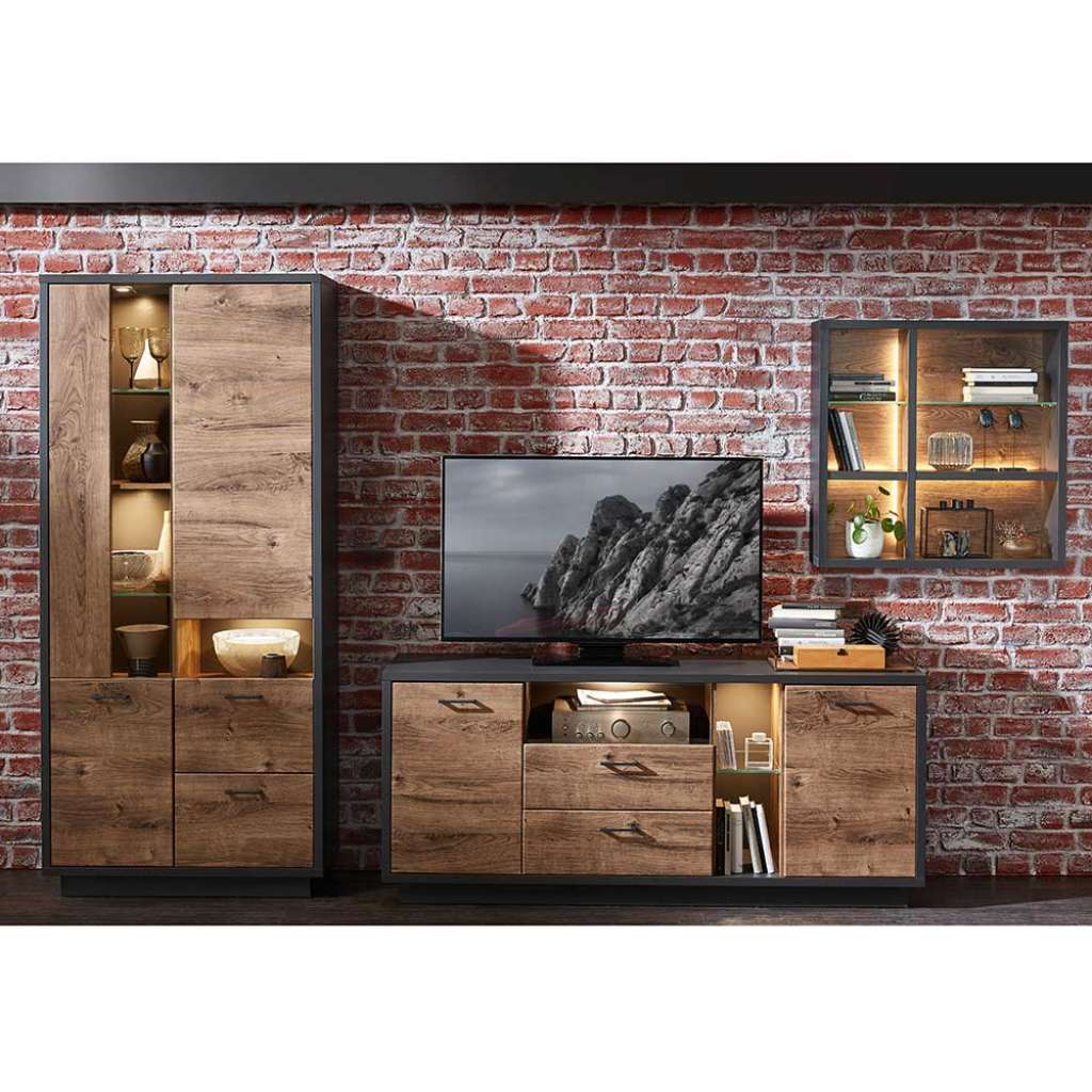 Anbauwand in Dunkelgrau und Eiche dunkel 300 cm breit (3-teilig)