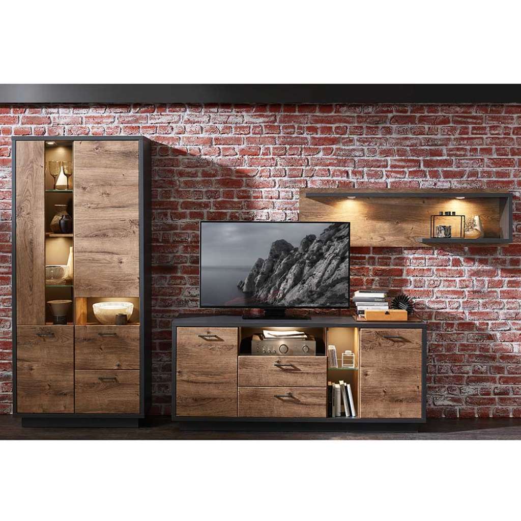 Design Wohnwand in Dunkelgrau und Eiche dunkel 300 cm breit (3-teilig)