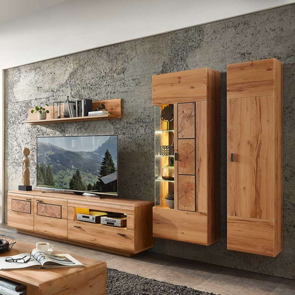Wohnzimmerwand in Kernbuche Hirnholz Optik modern (4-teilig)