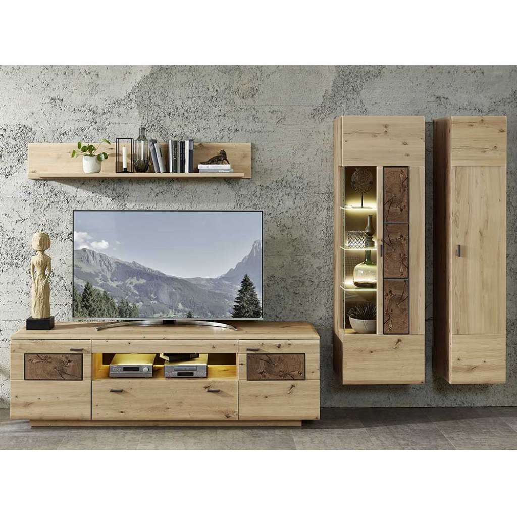 Wohnzimmer Anbauwand in Wildeiche Hirnholz Optik modern (4-teilig)