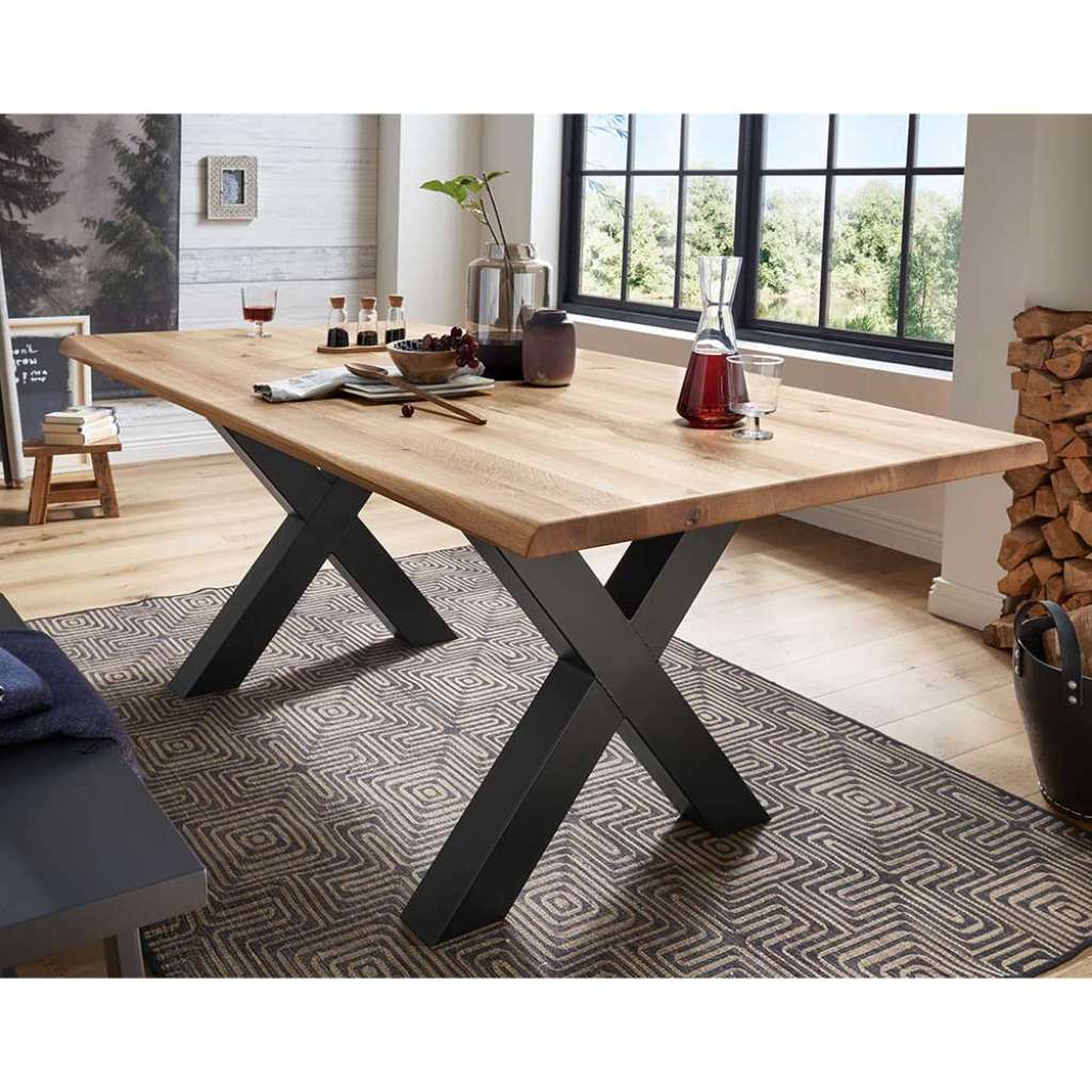 Buffettisch aus Wildeiche Massivholz und Stahl X-Fußgestell