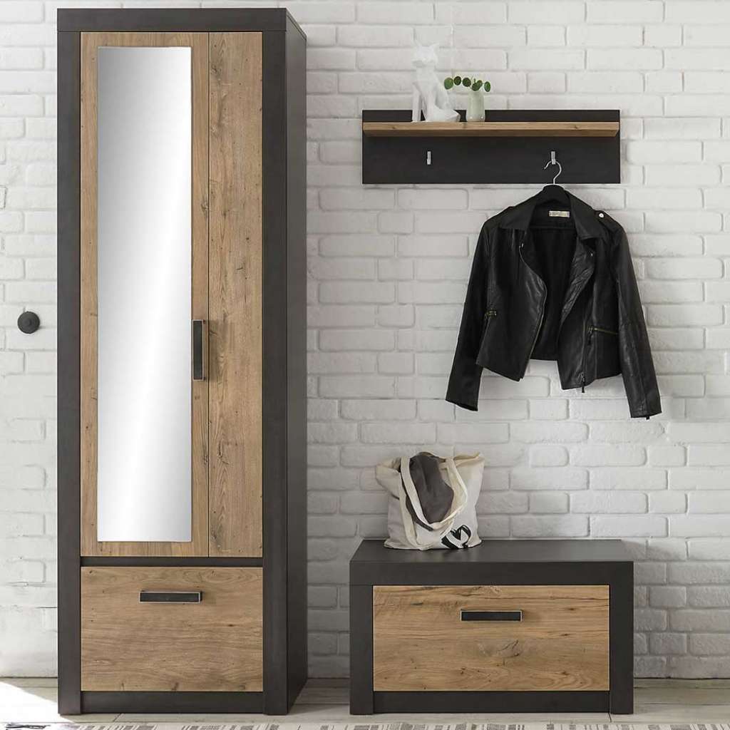 Garderobe in Schwarz und Kastanie Holzoptik komplett (3-teilig)