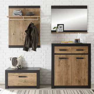 Flurgarderobe in Schwarz und Kastanie Holzoptik Industriedesign (4-teilig)