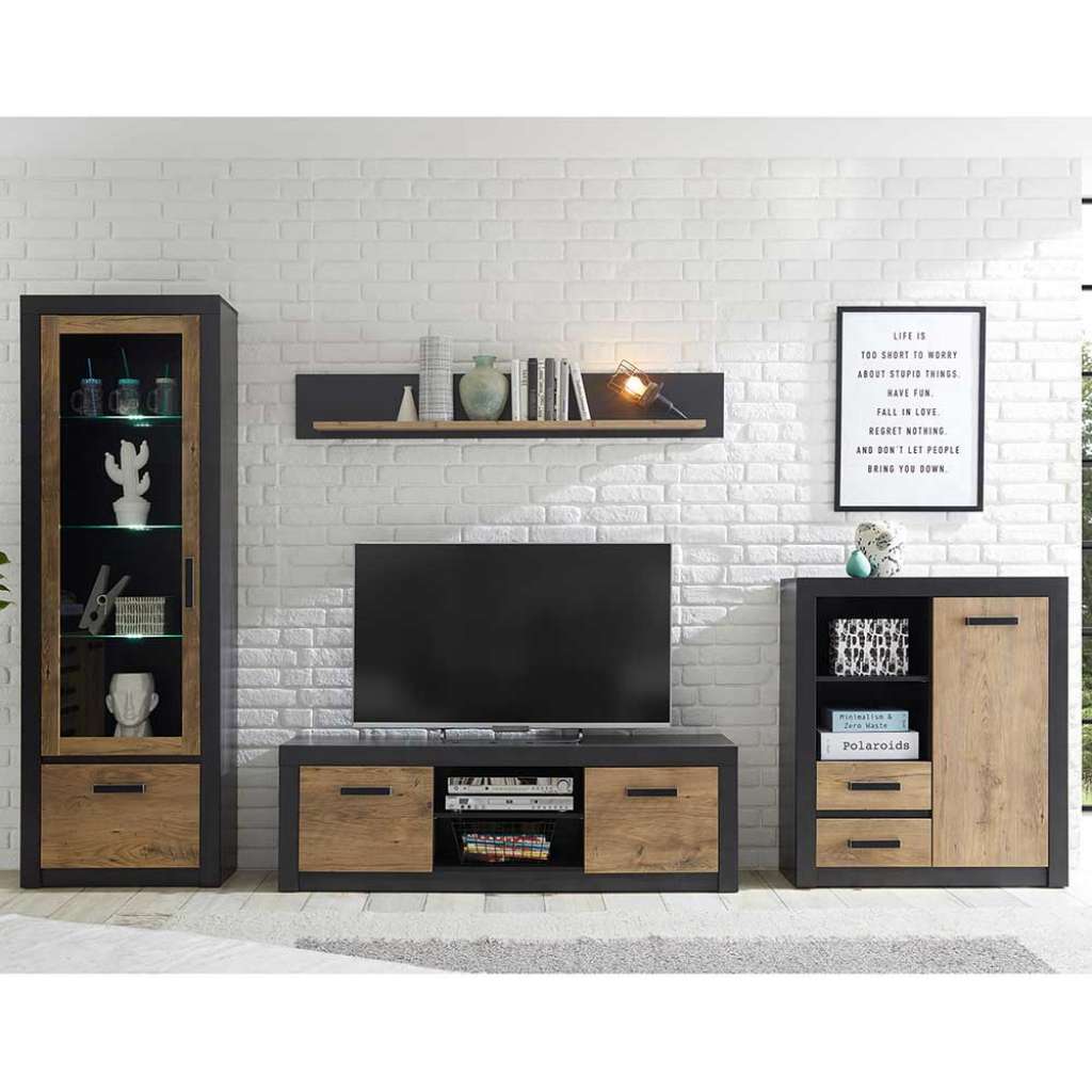Design Wohnwand in Schwarz und Kastanien Holzoptik 310 cm breit (4-teilig)