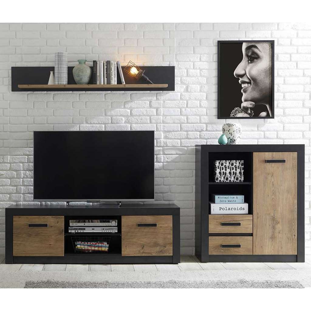 Wohnzimmer Anbauwand in Schwarz und Kastanienfarben 245 cm breit (3-teilig)