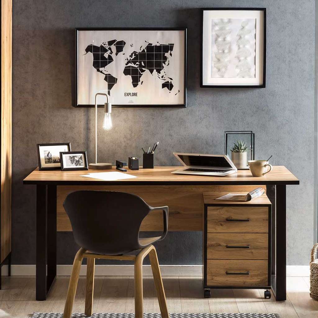 Designschreibtisch in Eichefarben und Schwarz Rollcontainer (2-teilig)