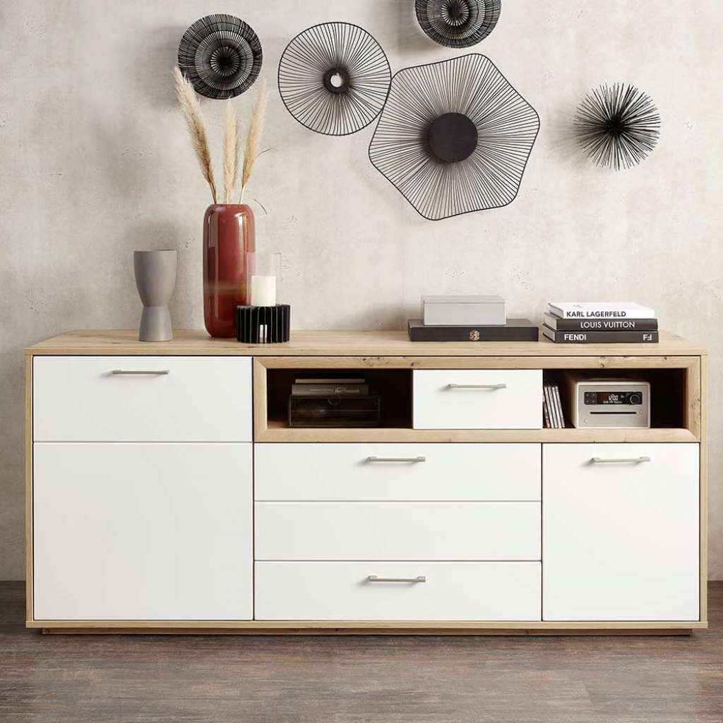 Esszimmersideboard in Weiß und Wildeiche Optik 185 cm breit
