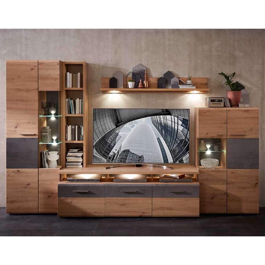 Wohnzimmer Schrankwand in Wildeichefarben und Grau modern (5-teilig)
