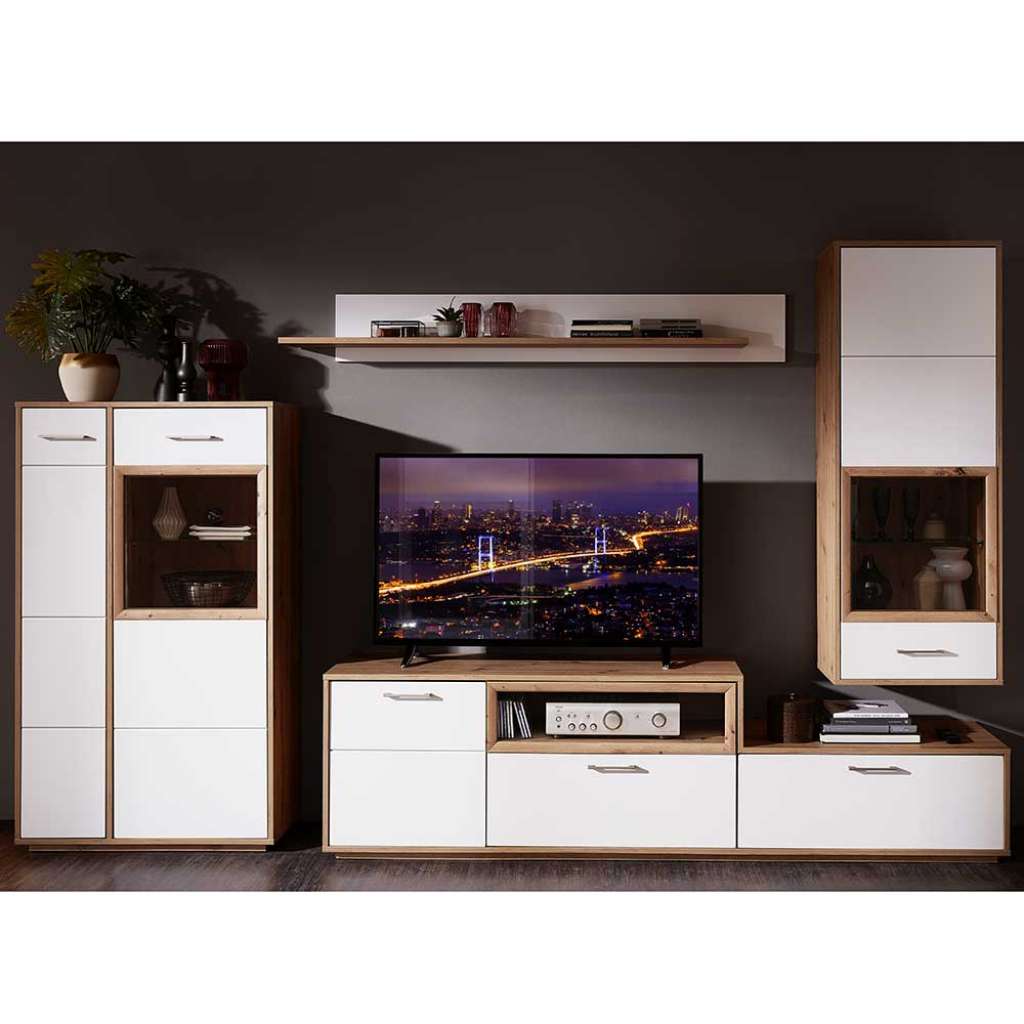 Wohnzimmerwohnwand in Weiß und Wildeichefarben modern (4-teilig)