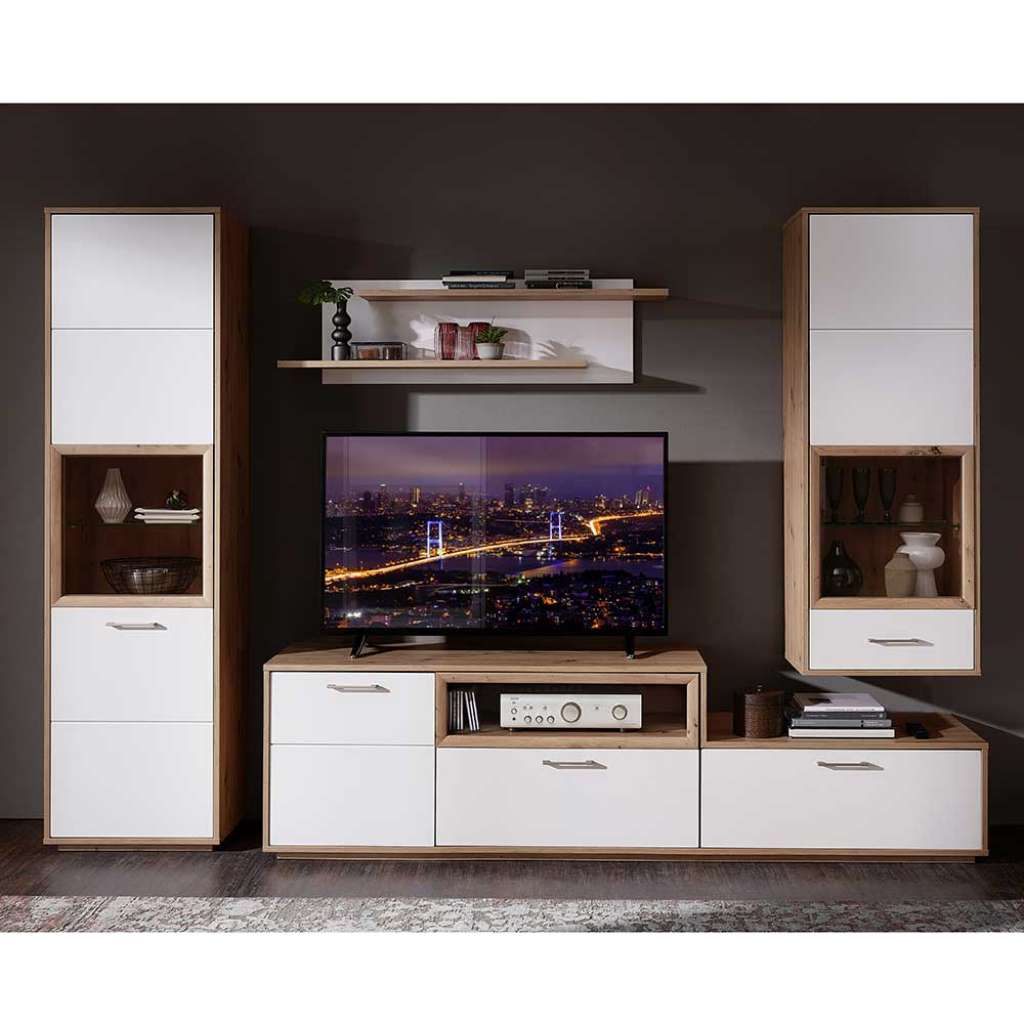 Design Wohnwand in Weiß und Wildeichefarben 275 cm breit (4-teilig)