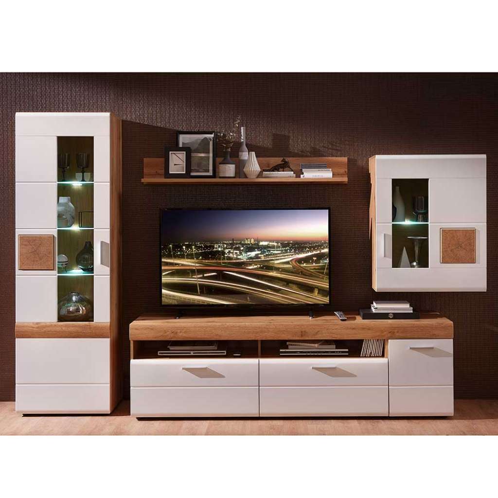 Design Wohnwand in Weiß und Eiche Optik 295 cm breit (4-teilig)