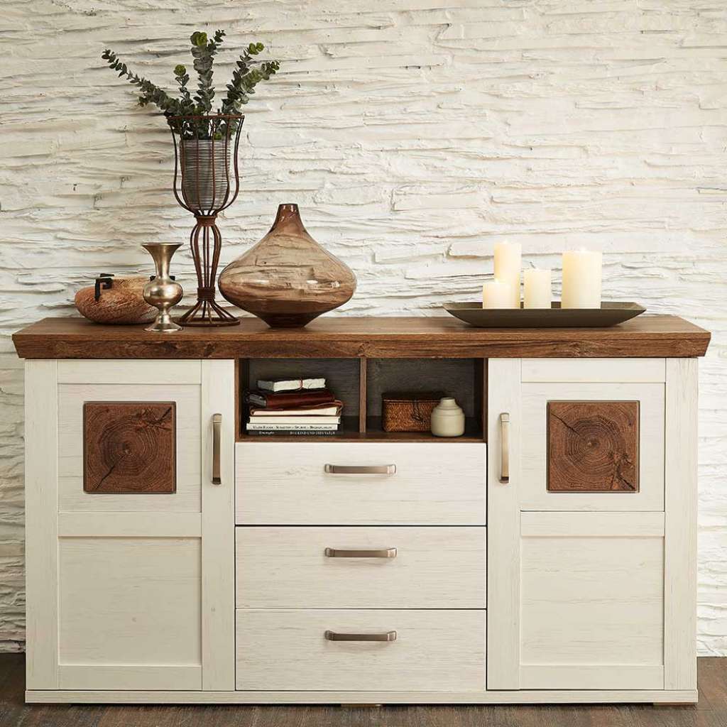 Sideboard im Landhausstil Weiß und Wildeiche dunkel