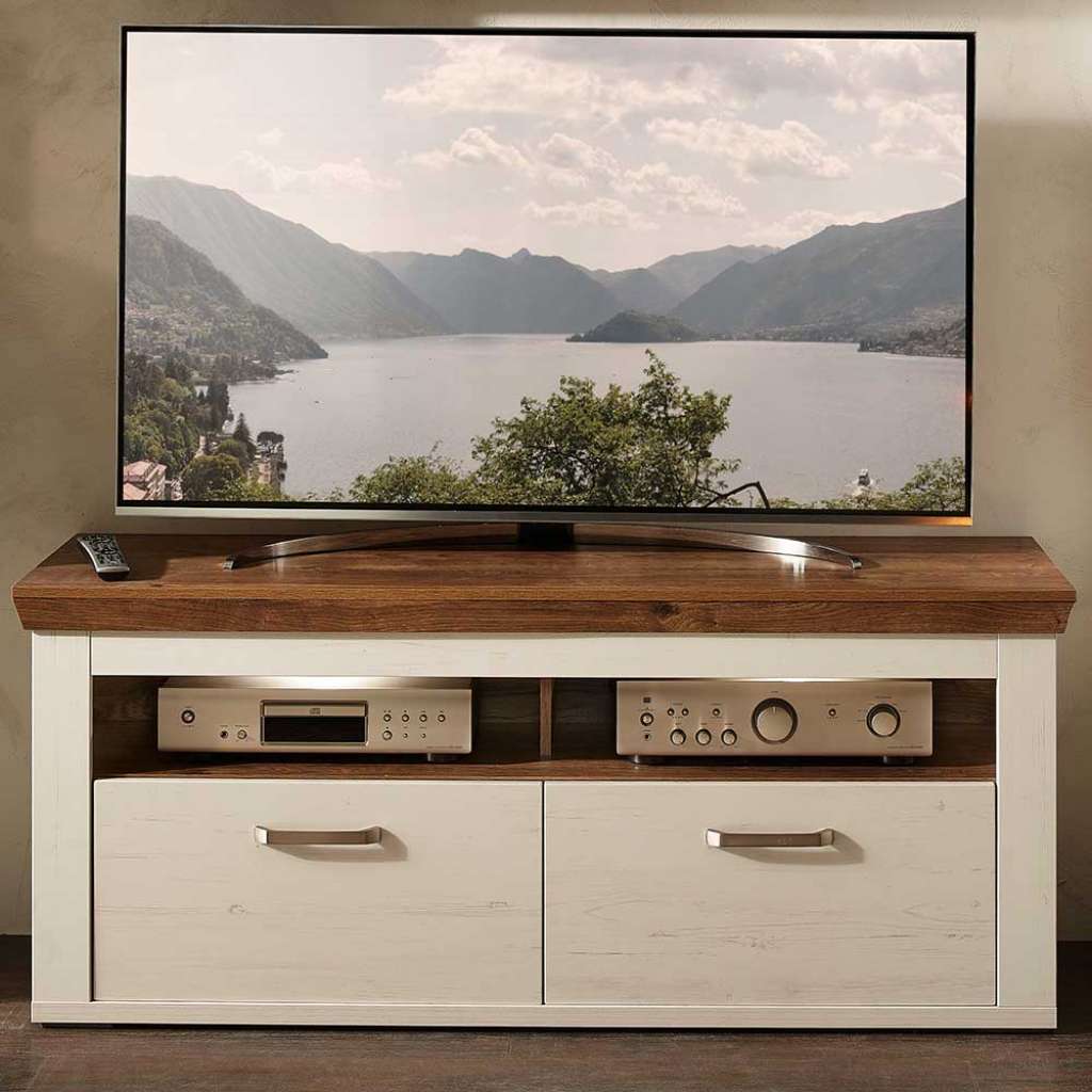 TV Board in Weiß und Wildeiche dunkel Schubladen